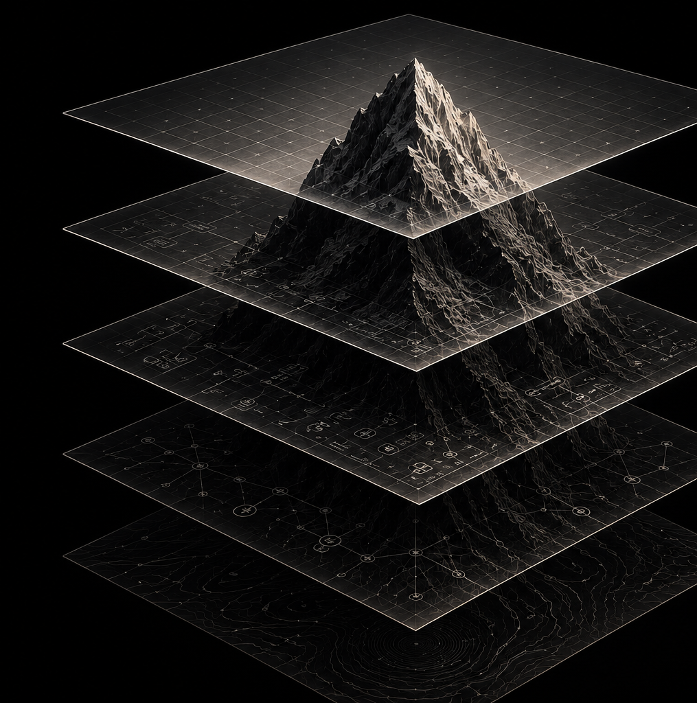 A message shown as five stacked layers rising into a peak.